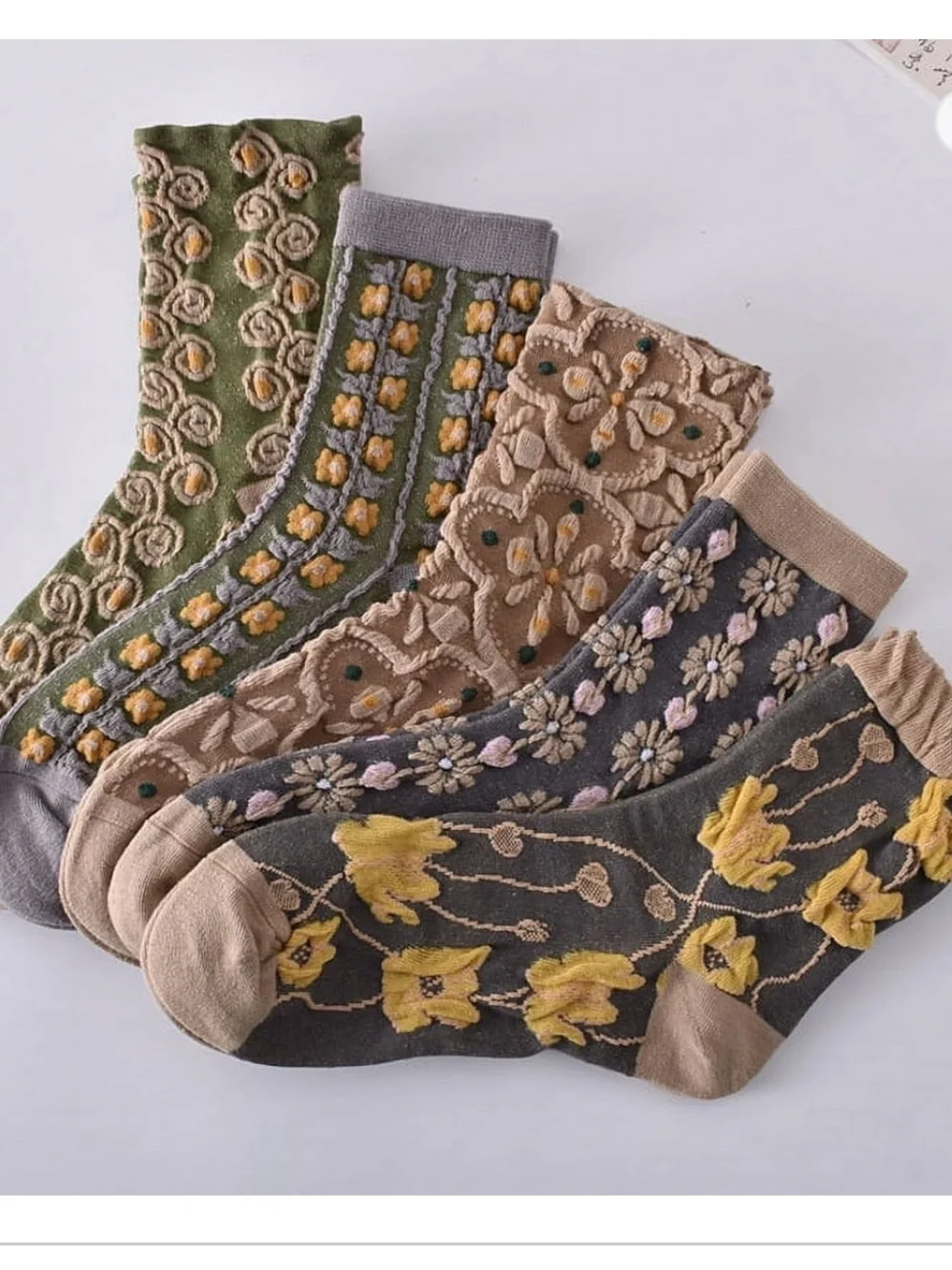 Embroidered Floral Crew Socks - Olive, Taupe, Gray, Mustard 5pc women’s new